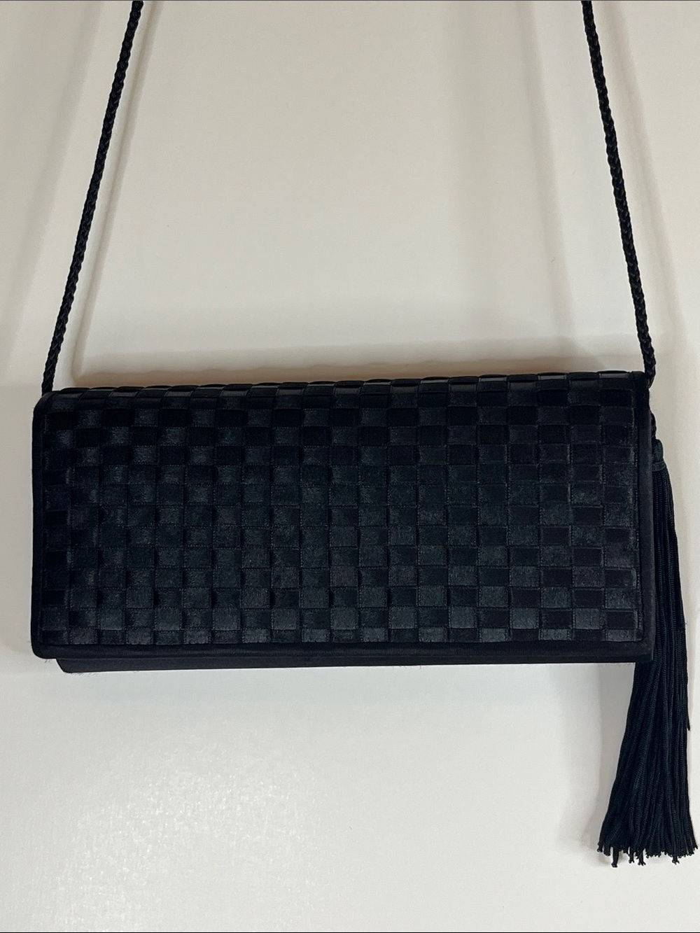 SASHA New York Woven Satin Evening Clutch with Tassel and shoulder braid, black